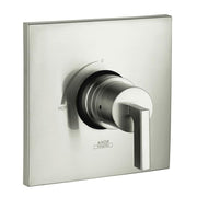Brushed nickel pressure balance trim with square backplate, single lever handle, and temperature dial marked 0 to hot.