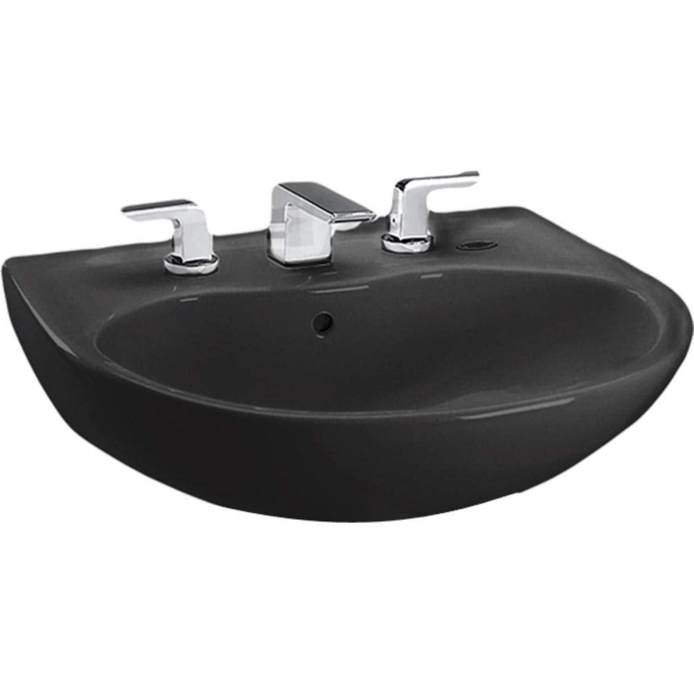 Black oval bathroom sink with three chrome faucet holes and chrome handles mounted on white background.