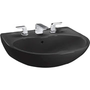 Black oval bathroom sink with three chrome faucet holes and chrome handles mounted on white background.