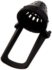 Black plastic debris screen with perforated dome cap and rectangular opening for faucet attachment.