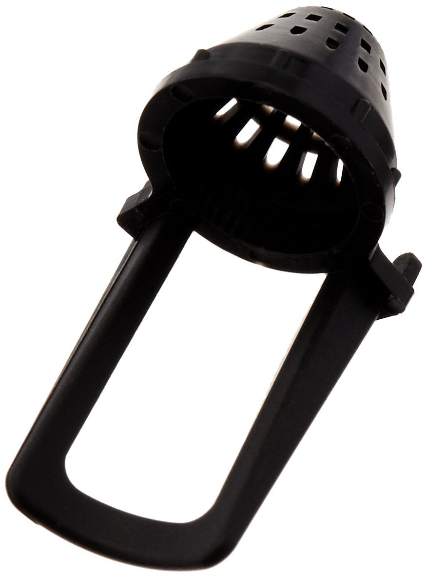 Black plastic debris screen with perforated dome cap and rectangular opening for faucet attachment.