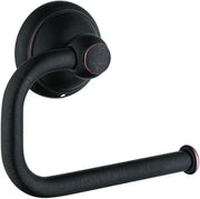 Rubbed bronze toilet paper holder with curved arm and circular mounting plate.