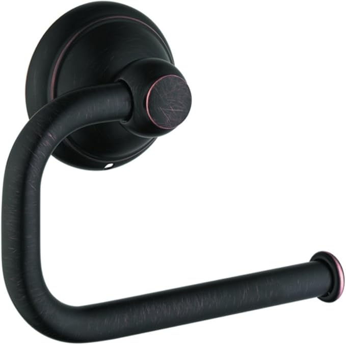 Rubbed bronze toilet paper holder with curved arm and circular mounting plate.