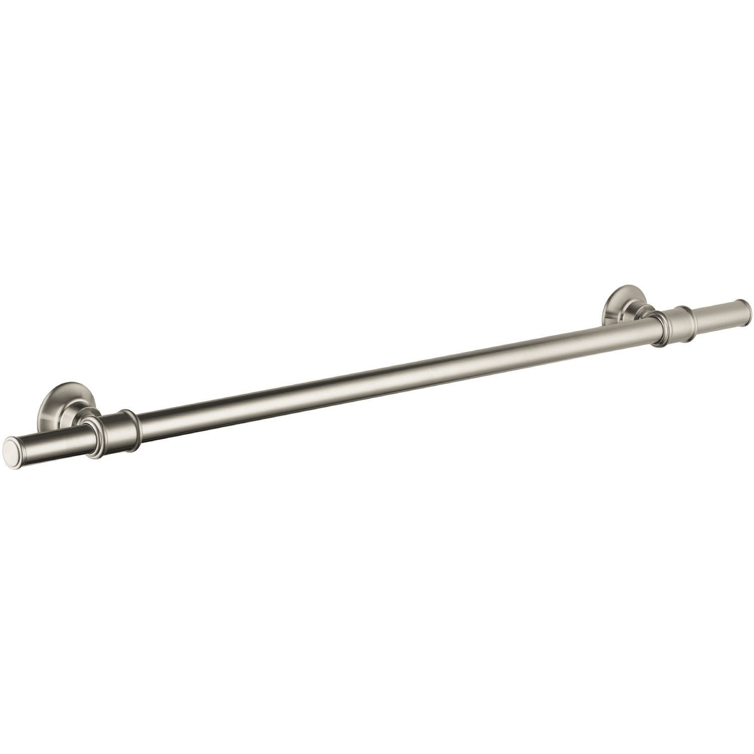 Brushed nickel towel bar with cylindrical rod and decorative round wall mounts on each end.