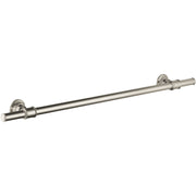 Brushed nickel towel bar with cylindrical rod and decorative round wall mounts on each end.