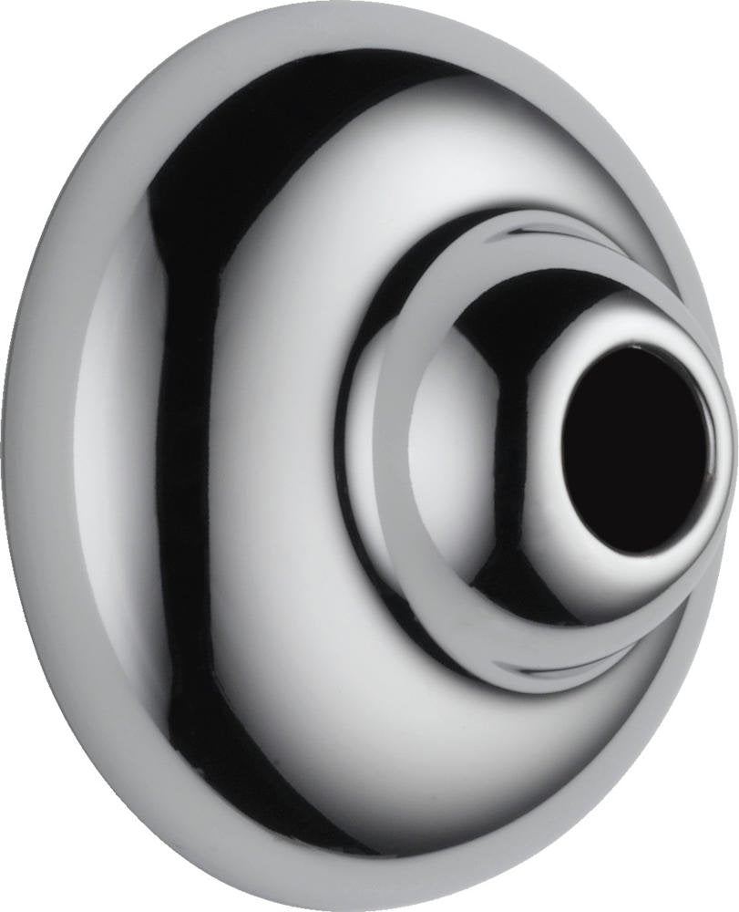 Chrome shower flange with concentric circular escutcheon and central opening for pipe connection.