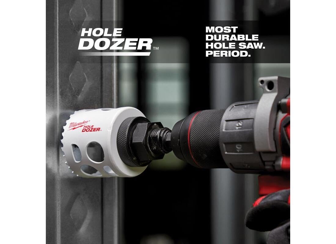 White Milwaukee Hole Dozer hole saw attached to power drill, positioned against dark metal surface.