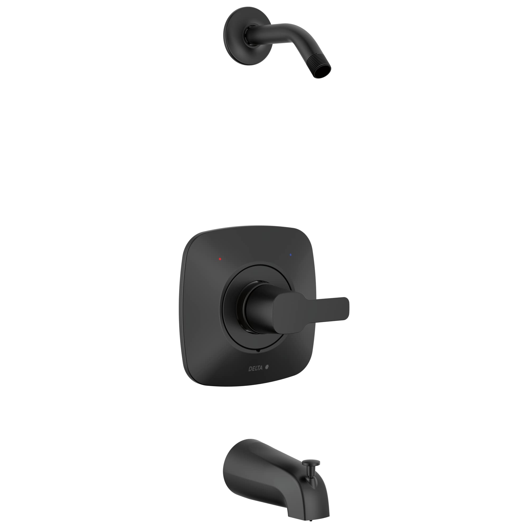 Black matte finish tub and shower trim set with rounded square escutcheon, lever handle, curved spout, and wall-mounted showe
