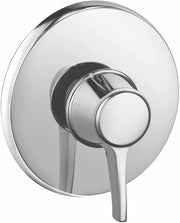 Chrome round pressure balance shower valve trim with single lever handle and circular escutcheon plate.