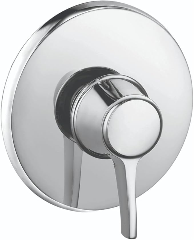 Chrome round pressure balance shower valve trim with single lever handle and circular escutcheon plate.