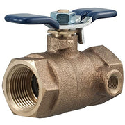 Brass ball valve with blue lever handle and threaded ports on front and side.