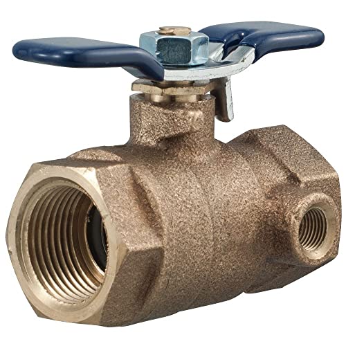 Brass ball valve with blue lever handle and threaded ports on front and side.