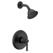 Matte black shower fixture with round wall-mounted trim plate, lever handle, and overhead showerhead with perforated spray pa