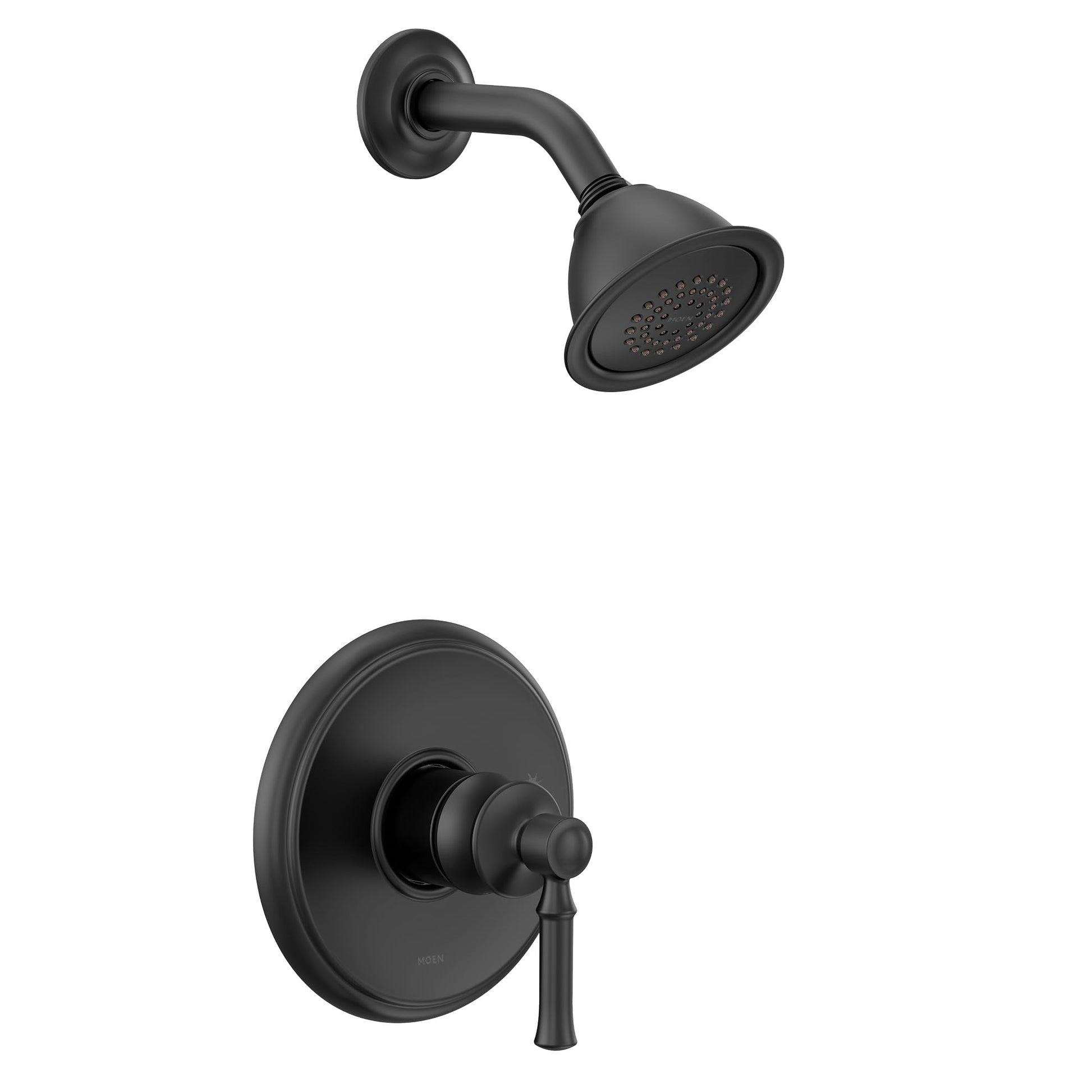 Matte black shower fixture with round wall-mounted trim plate, lever handle, and overhead showerhead with perforated spray pa