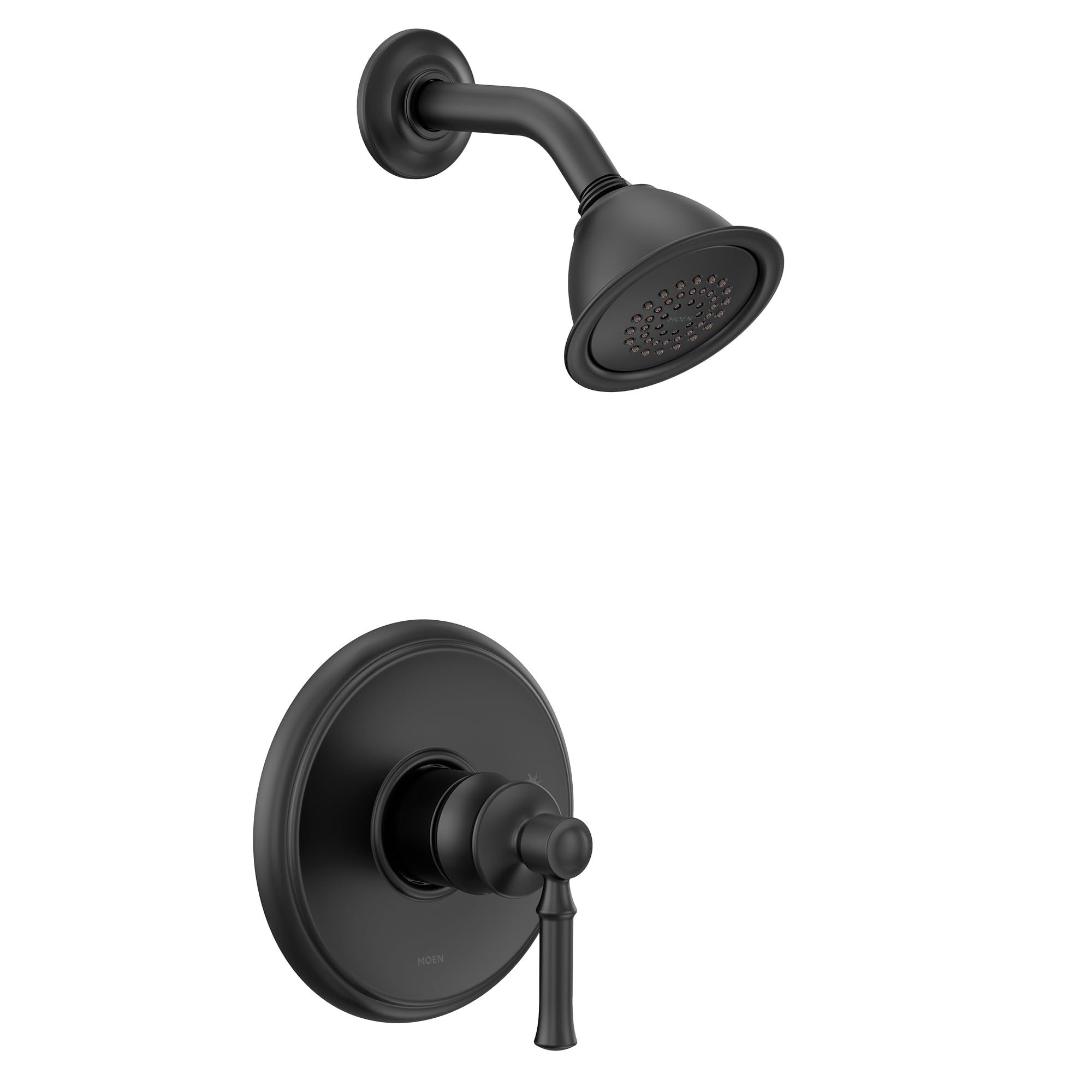 Matte black shower fixture with round wall-mounted trim plate, lever handle, and overhead showerhead with perforated spray pa
