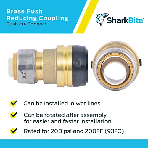 Brass reducing coupling fitting with push-to-connect ports in two sizes, shown disassembled and assembled.
