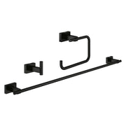 Three matte black bathroom accessories with square mounting plates: towel bar, towel ring, and robe hook.