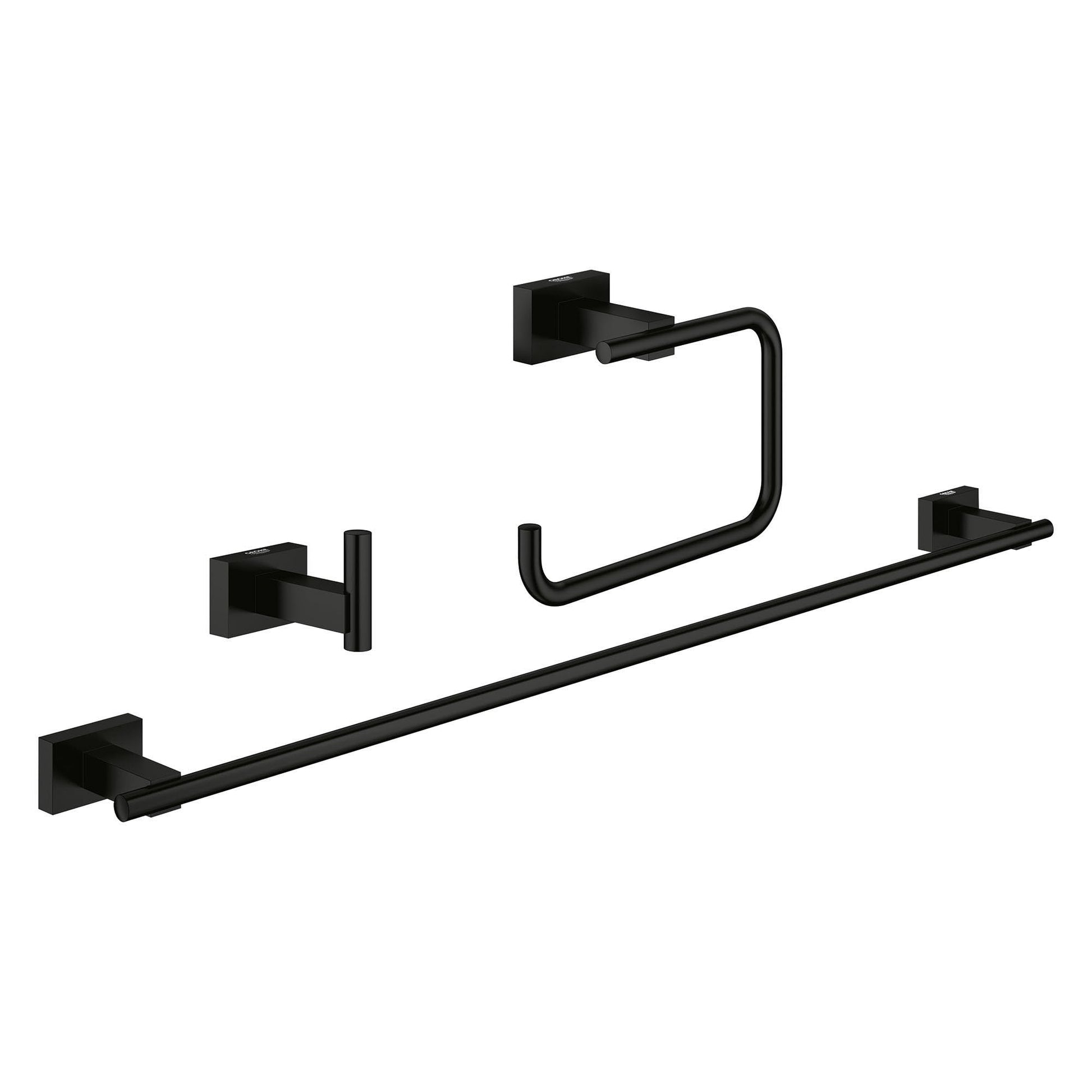 Three matte black bathroom accessories with square mounting plates: towel bar, towel ring, and robe hook.