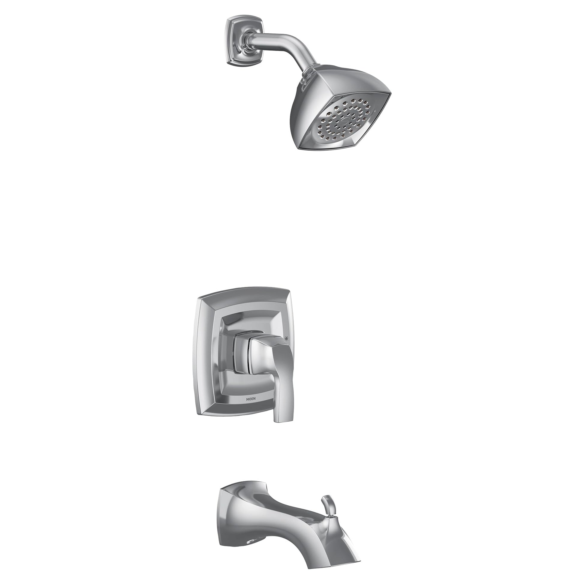 Chrome tub and shower trim kit with single handle valve, showerhead, and tub spout.