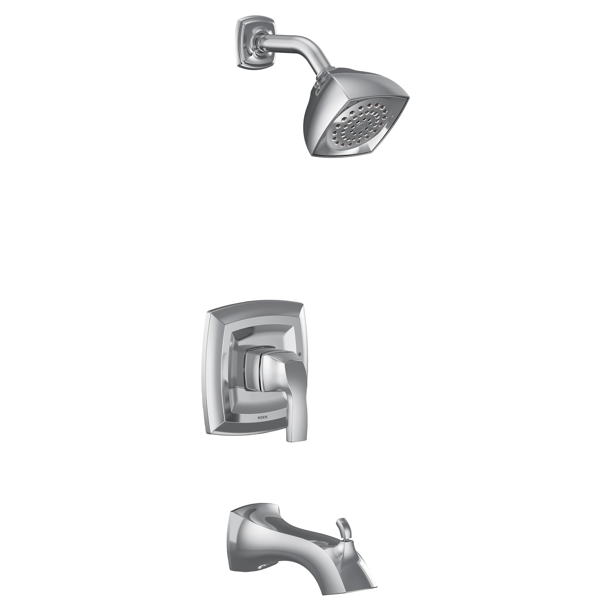 Chrome tub and shower trim kit with single handle valve, showerhead, and tub spout.