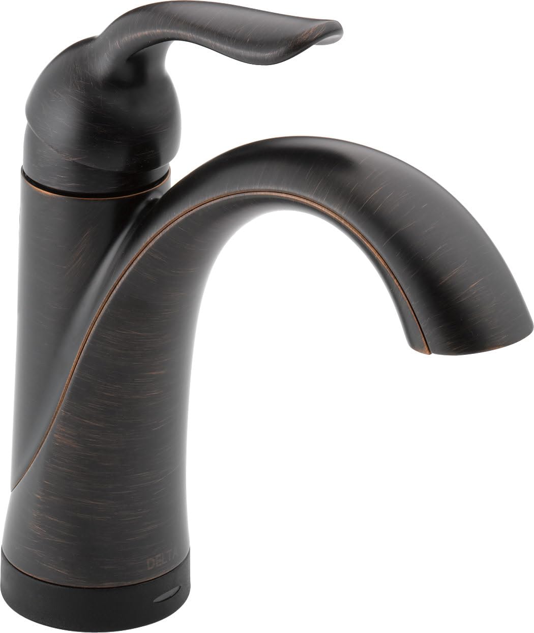 Matte black bathroom faucet with curved spout and single lever handle on cylindrical base.