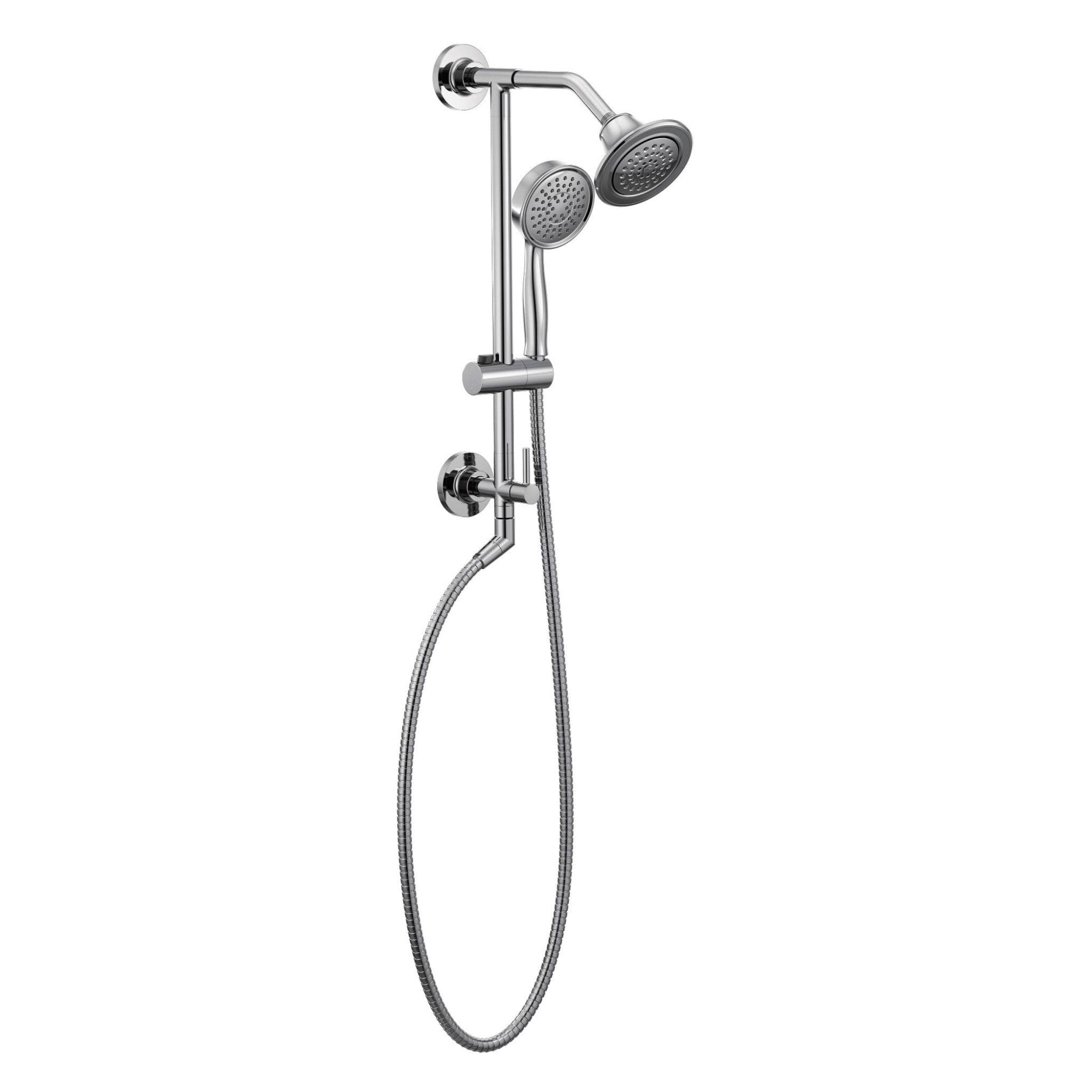 Chrome showerhead system with dual round shower heads, vertical rail, adjustable slider bracket, and flexible hose.
