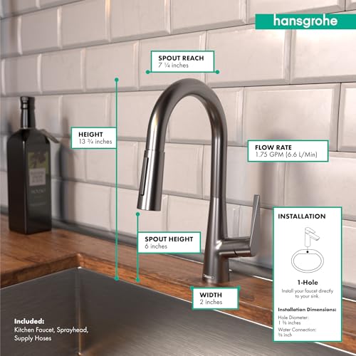 Brushed black chrome pull-down kitchen faucet with curved spout and measurement specifications labeled.
