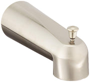 Brushed nickel tub spout with curved angled shape and small diverter knob on top.