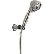 Chrome hand shower head with adjustable spray settings mounted on wall bracket with flexible hose connection.