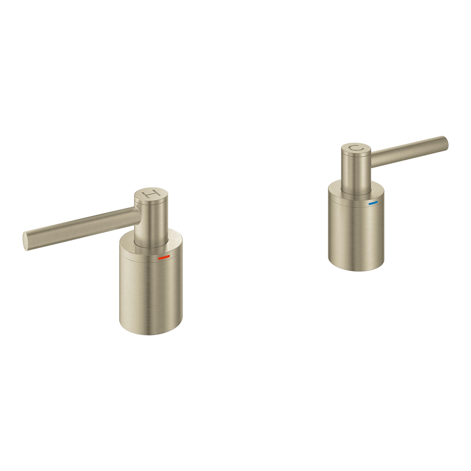 Pair of brushed nickel cylindrical lever handles with horizontal arms and color-coded indicators for tub filler installation.