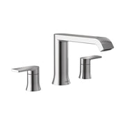Chrome two-handle deck-mounted Roman tub faucet with curved spout and lever handles.