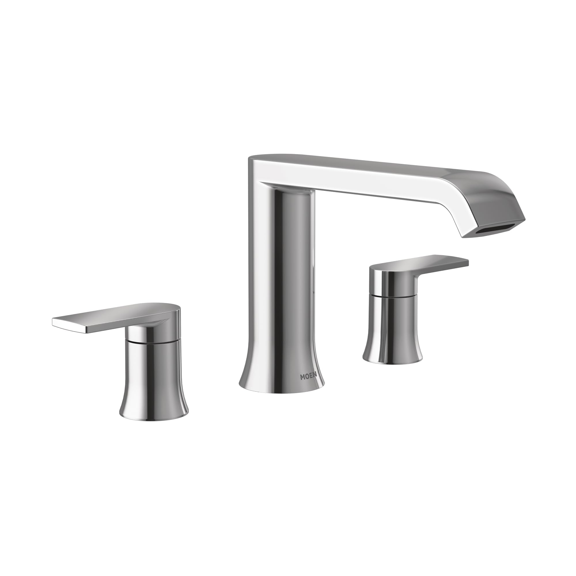 Chrome two-handle deck-mounted Roman tub faucet with curved spout and lever handles.
