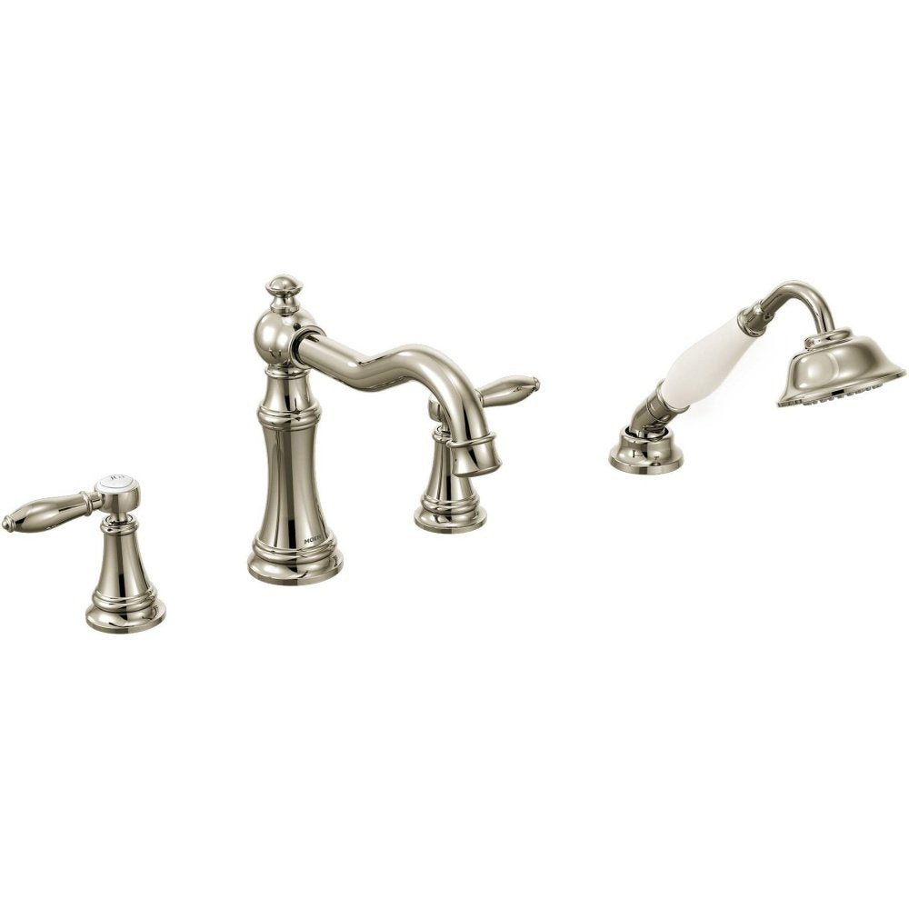 Polished nickel roman tub faucet with two handles, curved spout, and matching hand shower with white grip.
