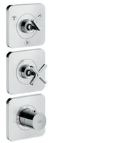 Chrome thermostatic shower trim with three control modules: lever handle, cross handle, and round dial on square escutcheons.