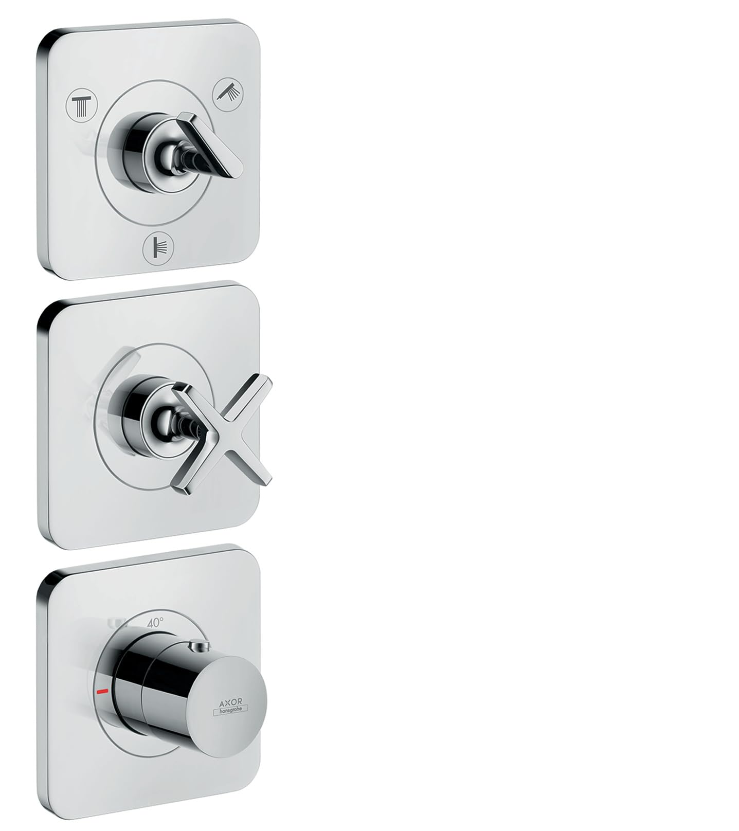 Chrome thermostatic shower trim with three control modules: lever handle, cross handle, and round dial on square escutcheons.