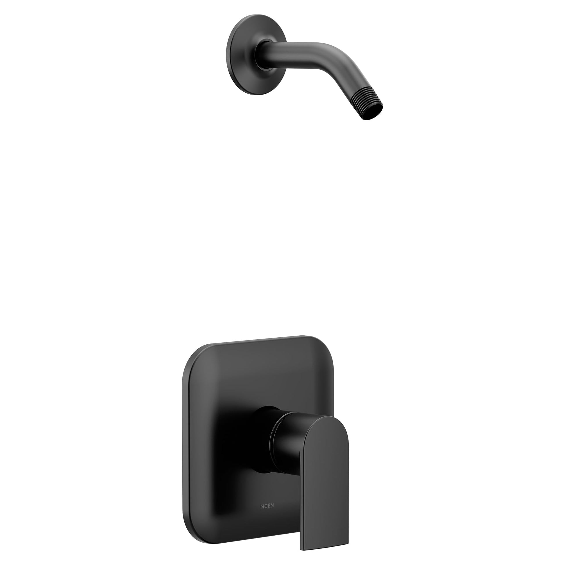 Matte black single-handle shower trim kit with wall-mounted valve and curved shower arm.