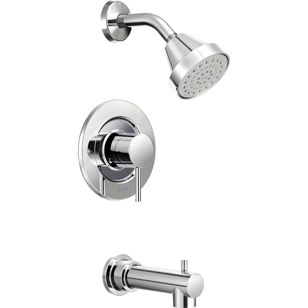 Chrome tub and shower trim kit with round shower head, lever handle valve, and tub spout.