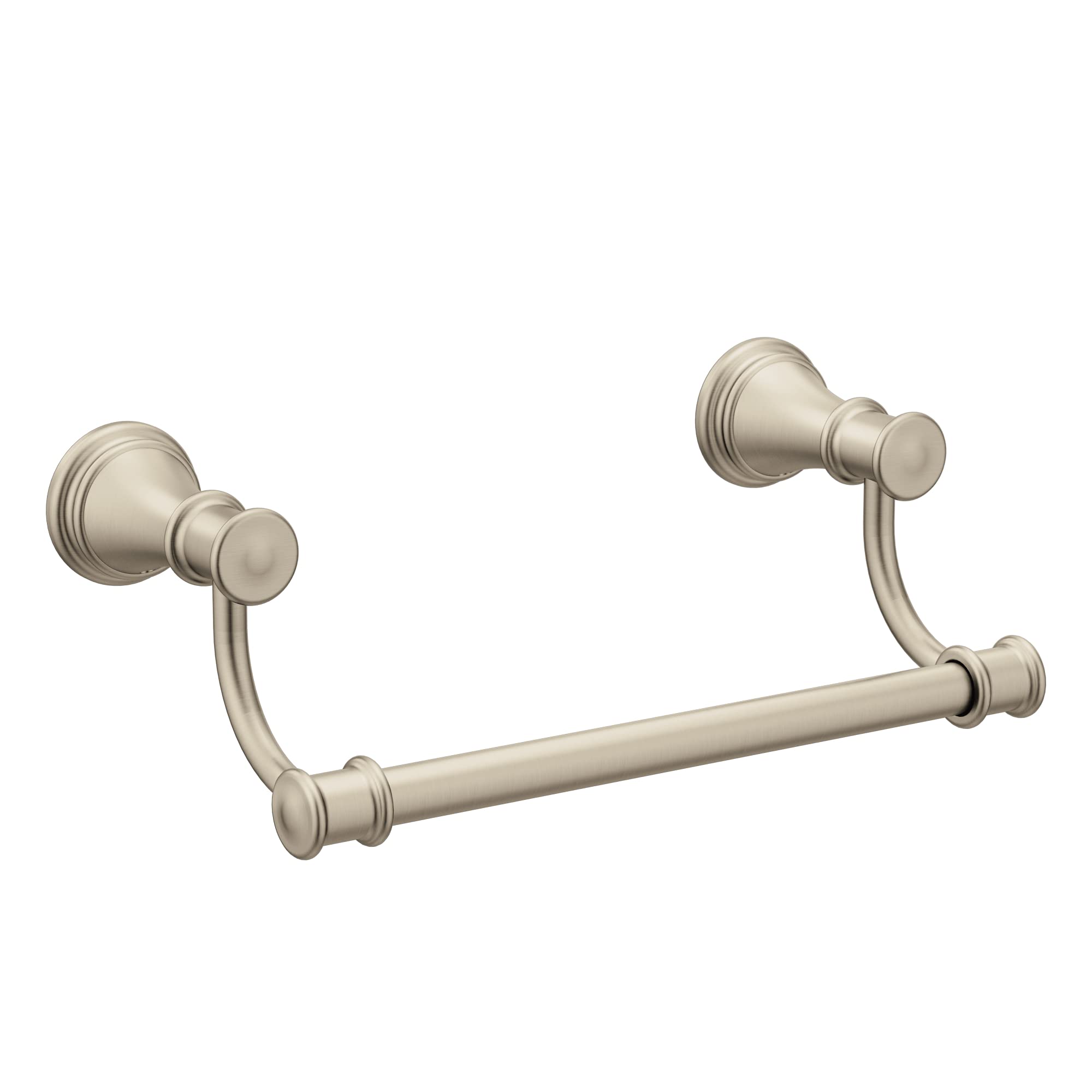 Brushed nickel double towel ring with two wall-mounted posts connected by a horizontal bar.
