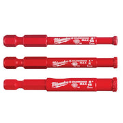 Three red Milwaukee Diamond Max hole saws with diamond grit tips in 5mm, 6mm, and 8mm sizes.
