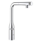 Chrome pull-out kitchen faucet with high curved spout and control dial on spray head.