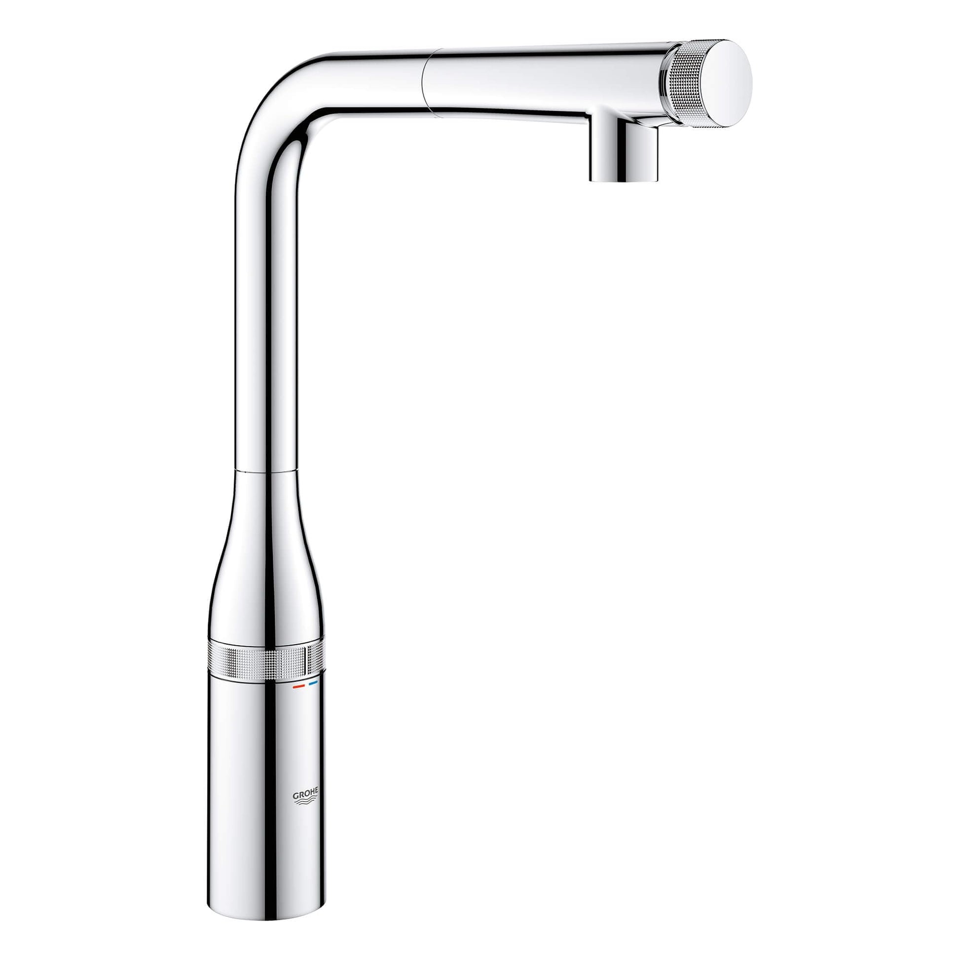Chrome pull-out kitchen faucet with high curved spout and control dial on spray head.