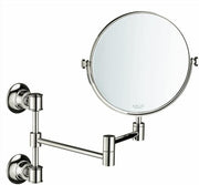Round polished nickel shaving mirror with articulating arm and dual wall-mounted fixtures.