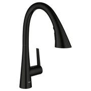 Matte black single-handle pull-down kitchen faucet with curved spout and cylindrical handle.