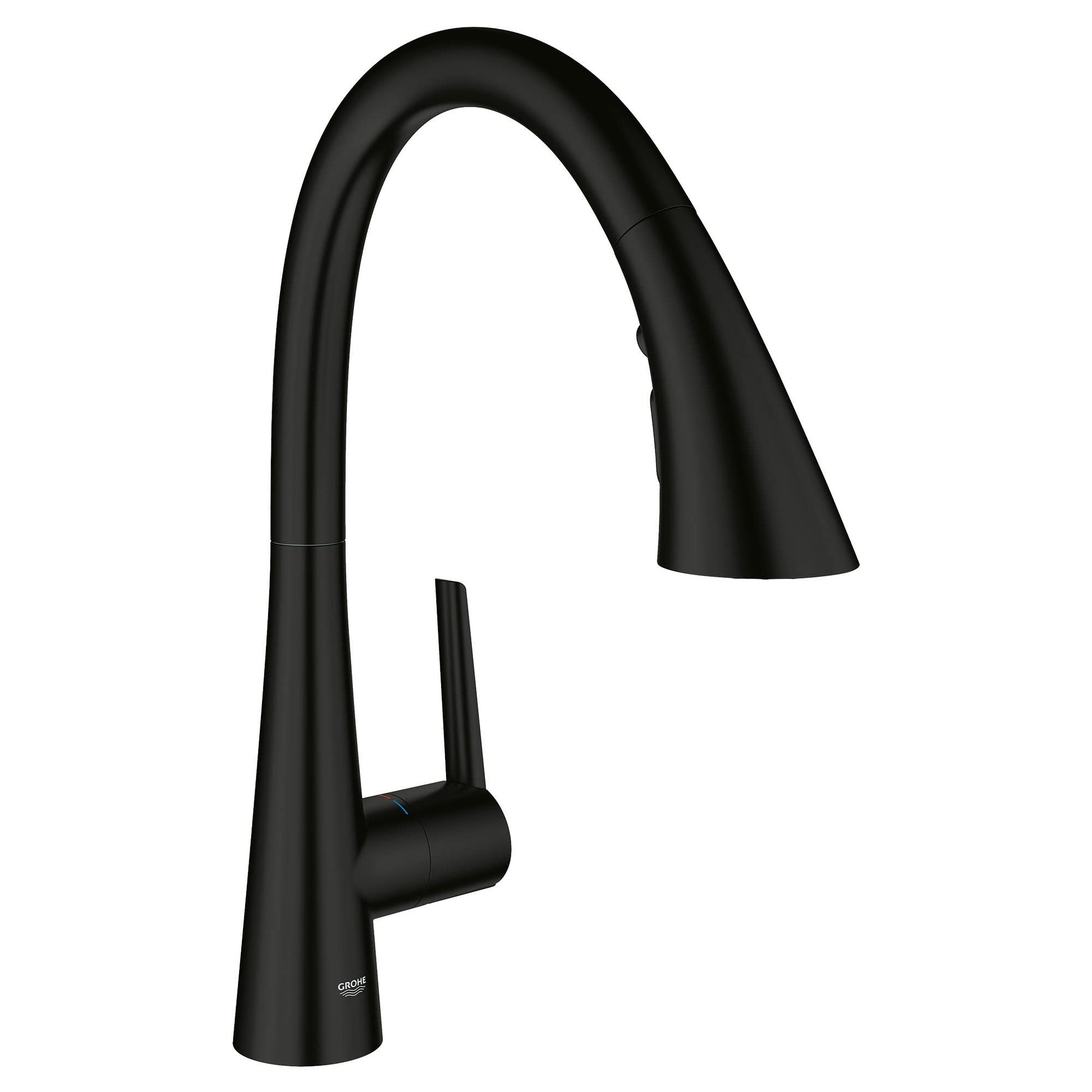 Matte black single-handle pull-down kitchen faucet with curved spout and cylindrical handle.