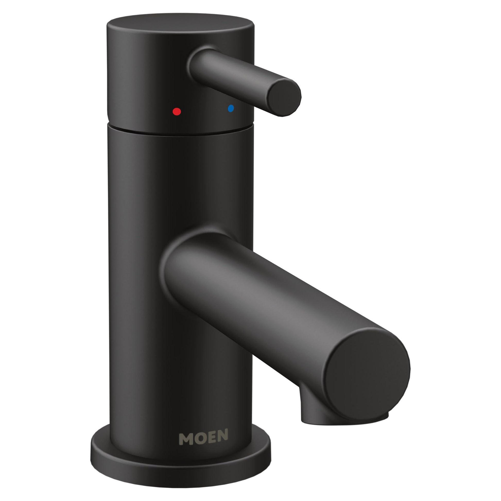 Matte black single-hole bathroom faucet with one cylindrical handle, red and blue indicator dots, and curved spout.