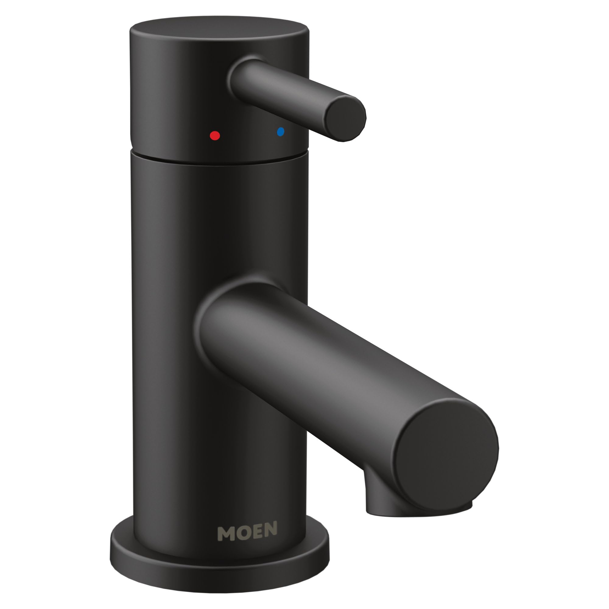 Matte black single-hole bathroom faucet with one cylindrical handle, red and blue indicator dots, and curved spout.