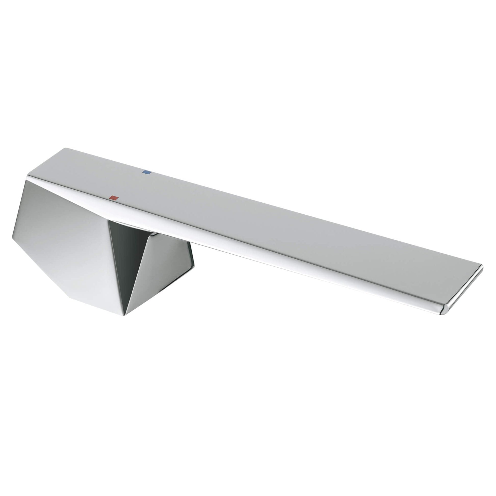 Chrome lever handle with angular design and black accent insert on mounting base.