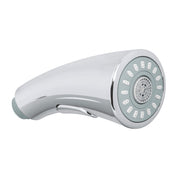Chrome and light gray pull-out spray head with multiple water jet openings and curved handle.