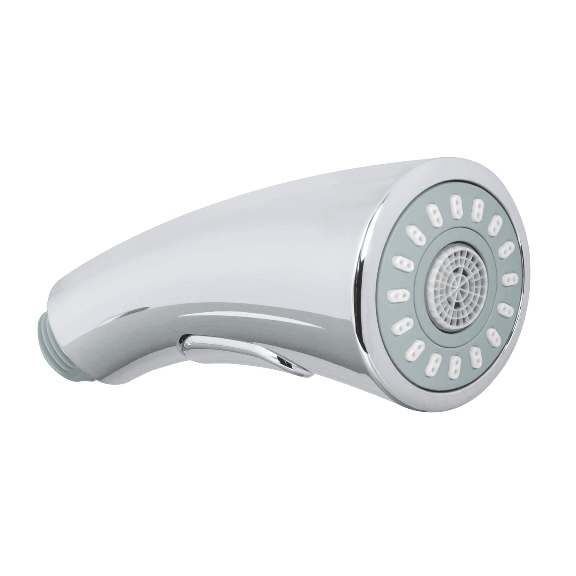 Chrome and light gray pull-out spray head with multiple water jet openings and curved handle.