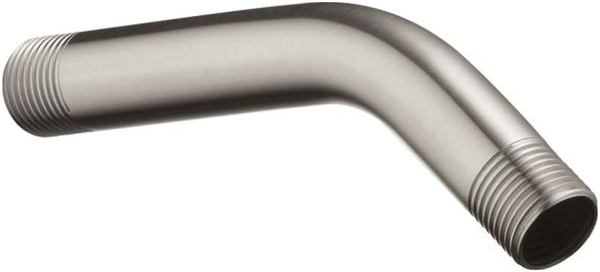 Curved metal shower arm with threaded connections at both ends in dark finish.
